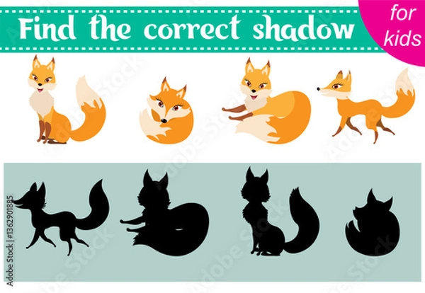 Obraz Brainteaser for kids. Zoo animals. Cute foxes. Find the correct shadow. Educational cards. Activity for preschoolers and toddlers.