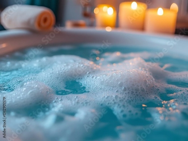 Fototapeta relaxing bubble bath with candlelight