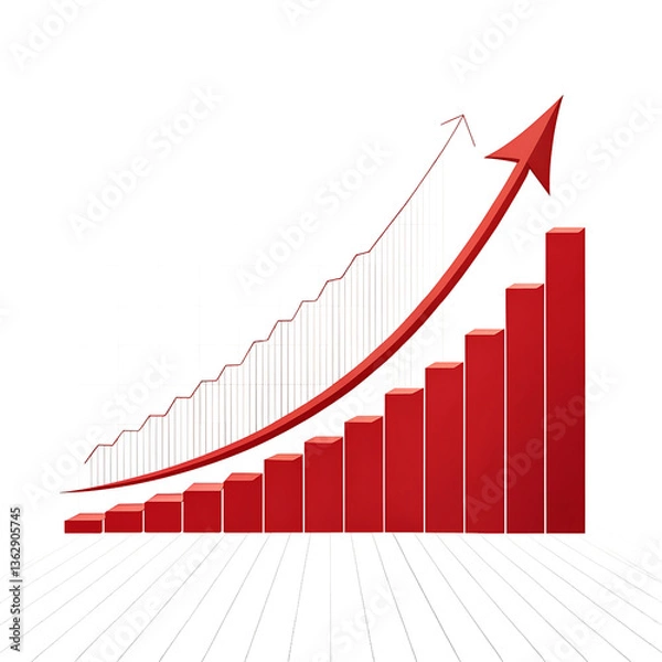 Fototapeta Minimalist red curved trend line with sharp arrow showing an increasing pattern on transparent background

