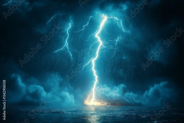Obraz Hyper-realistic cinematic depiction of lightning striking the ground against a black background, capturing intense energy and a dramatic, electrifying atmosphere