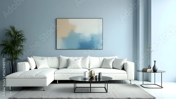 Fototapeta Modern living room in serene blue tones with a cozy white sofa, abstract decor, and a minimalist side table.