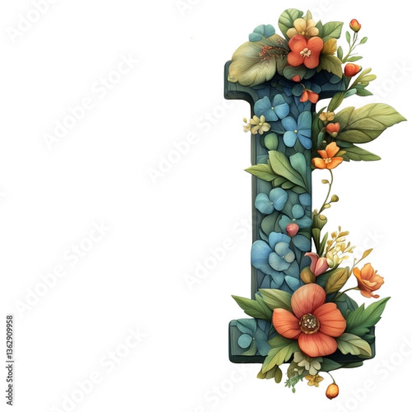 Obraz Illustration showcasing a decorative letter I adorned with an array of colorful, intricate flowers and lush leaves, emphasizing creativity, floral beauty, and artistic expression.