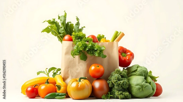 Obraz Healthy food in full paper bag of different products vegetables and fruits on isolated background, created by generative ai