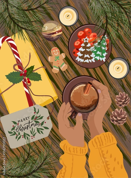 Fototapeta A person is holding a cup of coffee and a plate of food on a wooden table. The table is decorated with a Christmas tree and a box with a ribbon on it. The person is enjoying a festive meal and drink