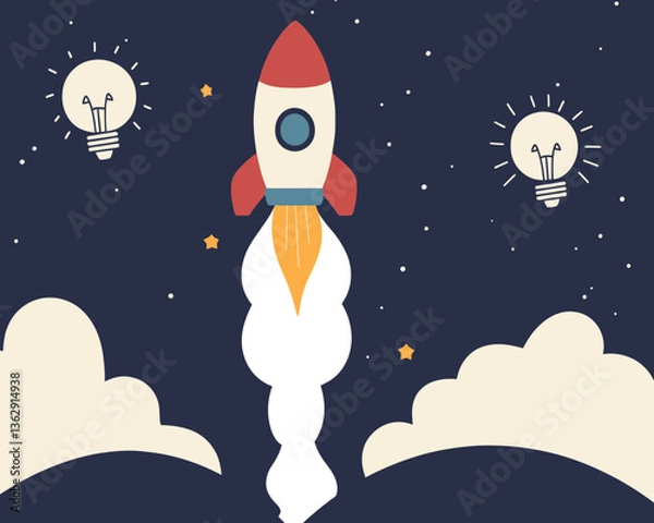 Fototapeta Creative Rocket Launch from Lightbulb Idea, Innovation and Entrepreneurship Concept, Flat Minimalist SVG Vector Illustration