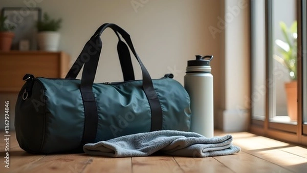 Obraz Gym bag, water bottle, and towel on a wooden floor, symbolizing fitness, exercise and healthy lifestyle.