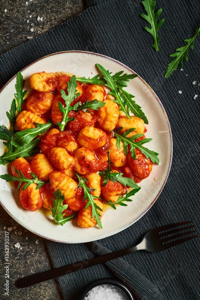 Obraz View from above on traditional italian gnocchi in tomato sauce