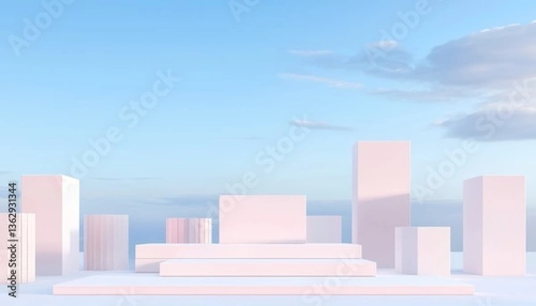 Fototapeta A serene landscape featuring geometric white structures against a tranquil blue sky with clouds, evoking a minimalist aesthetic.