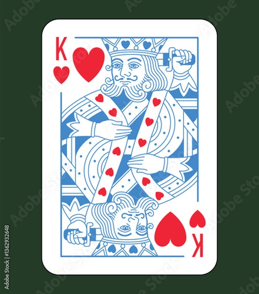 Fototapeta King character, Hearts suit playing card, vintage classic design, english pattern style, isolated on white, editable stroke line, vector illustration.	