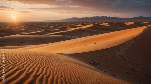 Fototapeta Serene desert landscape at sunset with undulating sand dunes and a warm golden glow.