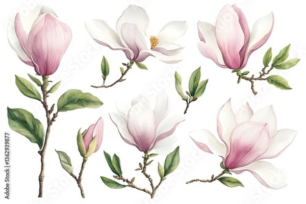 Fototapeta Delicate Watercolor Magnolia Illustration with Soft Pink & White Blossoms on Elegant Branches