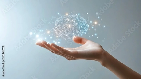 Fototapeta A hand reaching for a neural network AI symbol, depicted in a technological layout against a white background. Represents artificial intelligence and machine learning. 