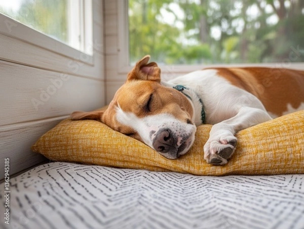 Fototapeta Dog sleeping peacefully on a cozy cushion by the window.