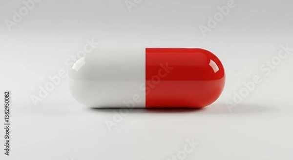 Fototapeta A close-up shot of a single red and white capsule pill on a minimalistic white backdrop