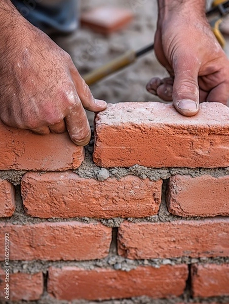 Obraz Hands Laying Red Bricks on Construction Site – Professional Stock Photography