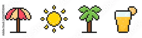 Obraz summer pixel set of icons, vintage, 8 bit, 80s, 90s games, computer arcade game items, beach umbrella, sun, palm tree, juice glass, vector illustration