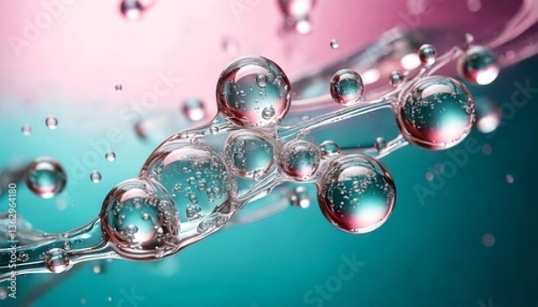 Fototapeta Colorful bubbles float in a liquid, creating an enchanting visual effect against a soft gradient background.