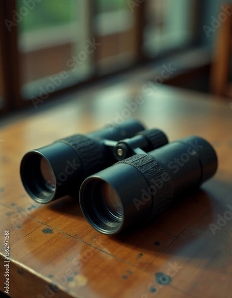 Fototapeta A pair of binoculars sitting on top of a wooden table