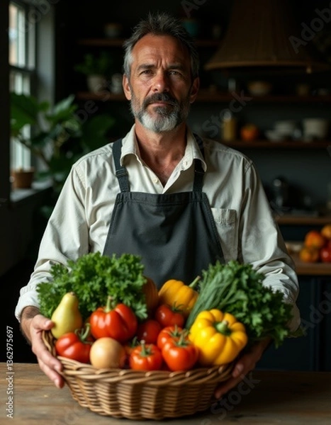 Fototapeta A man in an apron holding a basket of vegetables