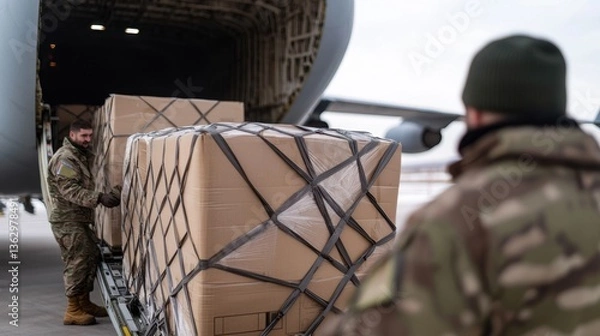 Obraz Disaster response team Concept, Volunteers Unloading Humanitarian Aid Supplies from Cargo Plane for Disaster Relief Efforts in Winter Conditions