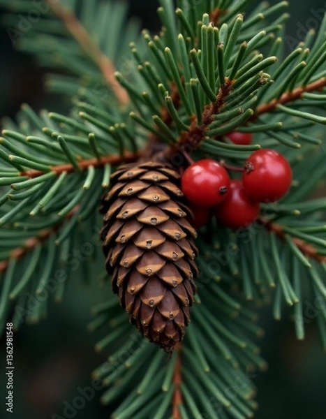 Fototapeta A pine cone on a branch of a tree with red berries