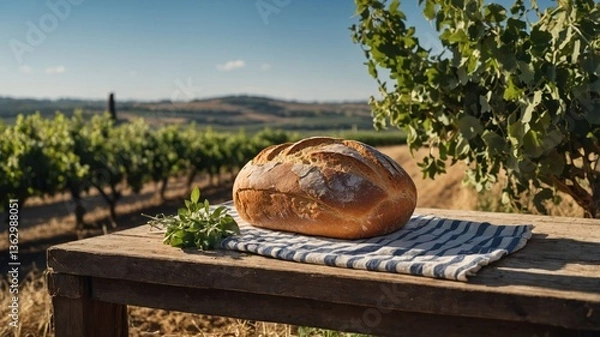 Fototapeta A loaf of bread on a table with vineyards in the background under a clear sky.