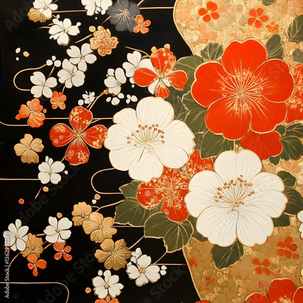 Fototapeta Japanese Minimalist Floral Pattern Featuring Delicate Botanical Elements, Soft Watercolor Brush Strokes, and Aesthetic Motifs

