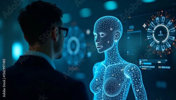 Fototapeta Exploring AI's Impact: A Cute Vector Illustration of Holographic Interfaces in Business, Education & More