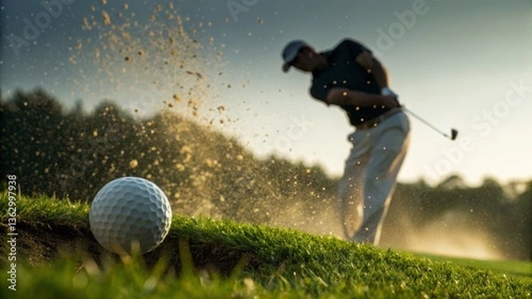 Fototapeta A dramatic close-up of a golf ball in mid-air after a swing capturing the excitement of the game
