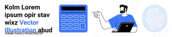 Fototapeta Man engaging with laptop, pointing toward highlighted text. Nearby, a calculator and fingerprint graphic represent technology, data security, accounting, education, online services analysis. Ideal