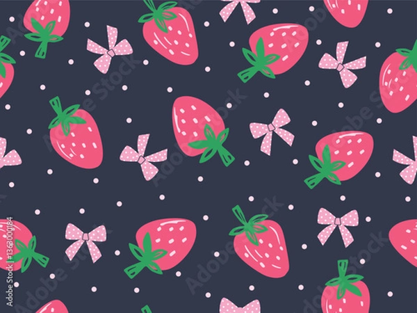 Fototapeta BOW TIE AND STRAWBERRY CONVERSATIONAL SEAMLESS PATTERN ALL OVER PERINT WITH DARK BLACK AND POLKA DOTS BACKGROUND VECTOR ILLSUTRATION
