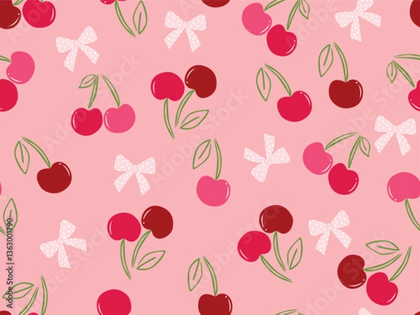 Fototapeta BOW TIE AND CHERRIES CONVERSATIONAL SEAMLESS PATTERN ALL OVER PERINT WITH PINK PLAIN BACKGROUND VECTOR ILLSUTRATION
