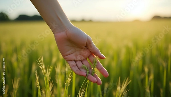 Fototapeta Flat Close up Woman hand touching the green grass on a field blowing the wind concept as Close up of womans hand touching green grass on field with wind blowing showcasing nature interaction and tacti