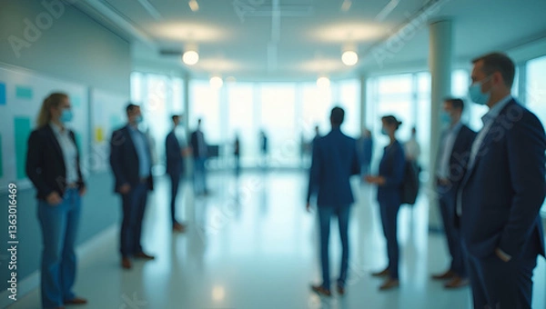 Fototapeta Social Distancing for Health Awareness: Community Responsibility and Workplace Safety Measures Against COVID-19 - Stock Photo Concept with Empty Space