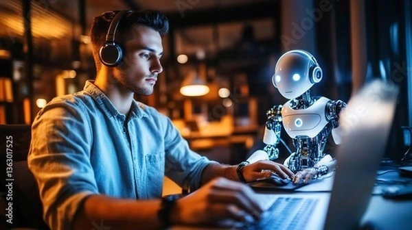 Obraz Man, robot, coding, night office, AI collaboration, tech
