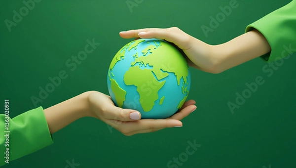 Obraz Hands Holding Globe: Emphasizing Green Technology and SDGs for a Net Zero Business Value Chain - Cute Flat Vector Illustration for Smart Business Solutions