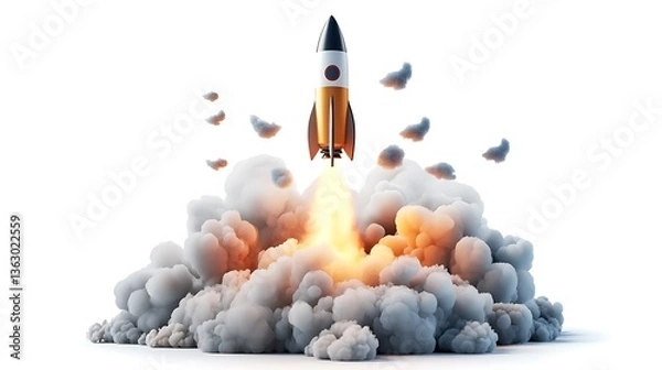 Fototapeta 3D Render: Rocket Launch into the Clouds AI Generated