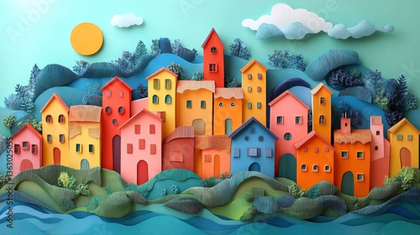 Fototapeta A vibrant and dynamic paper art creation, bursting with a spectrum of colors. This striking artwork features layers of vividly colored paper, intricately folded, cut, and arranged to form a lively