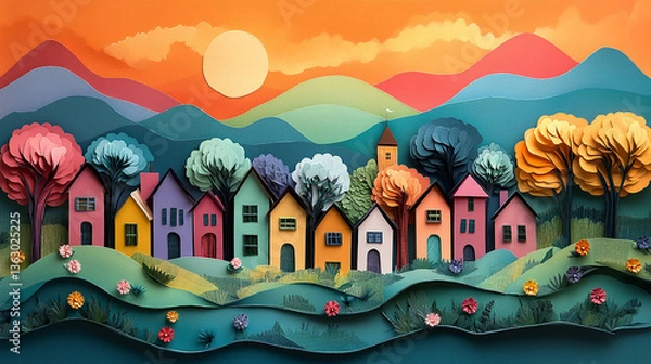 Fototapeta A vibrant and dynamic paper art creation, bursting with a spectrum of colors. This striking artwork features layers of vividly colored paper, intricately folded, cut, and arranged to form a lively