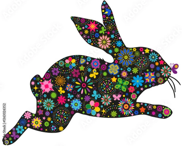 Fototapeta Vector patterned Easter Bunny with flowers and butterflies. For Posters Banners Design, Sales, Cards, Invitations, Parties. Transparent background. Isolated