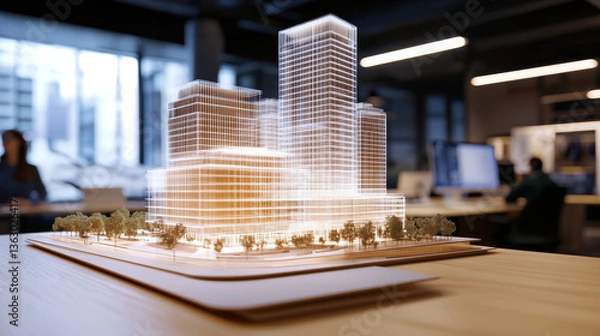 Fototapeta detailed architectural model showcasing modern urban landscape with illuminated structures, surrounded by greenery