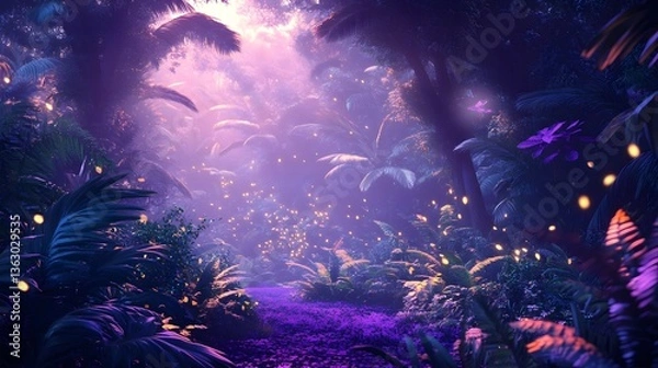 Fototapeta Enchanted forest pathway illuminated by magical lights, with lush greenery and vibrant flora