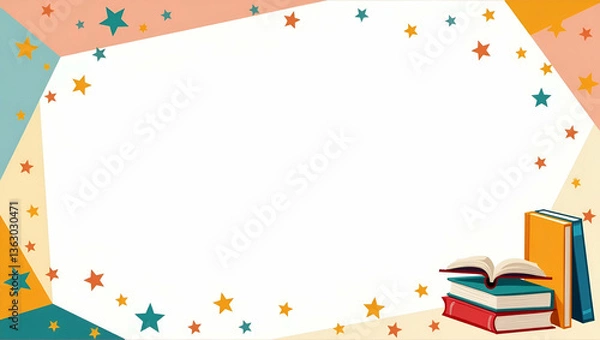Fototapeta International Childrens Book Day themed geometric border with stars and books providing space for quotes concept as Geometric book day frame featuring stars and books with space for quotes in  Photo S