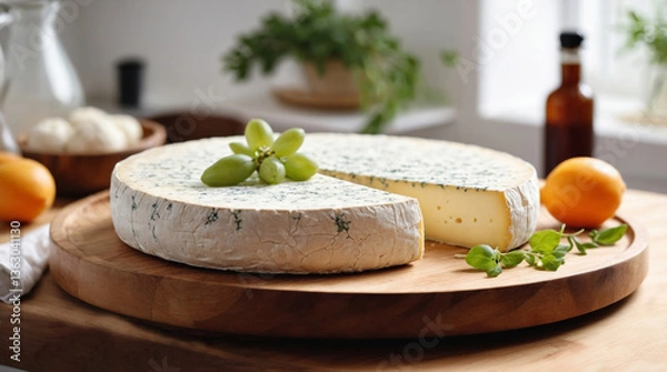 Obraz A piece of fragrant cheese on a wooden tray in a bright kitchen