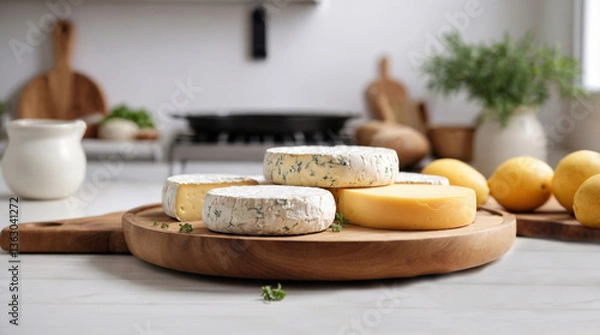 Obraz Pieces of different types of cheese on a wooden tray in a bright kitchen