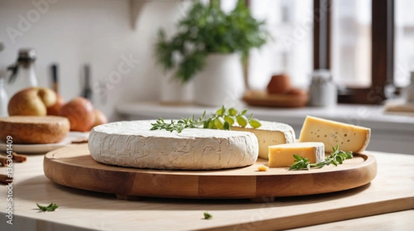 Obraz A piece of fragrant cheese on a wooden tray in a bright kitchen