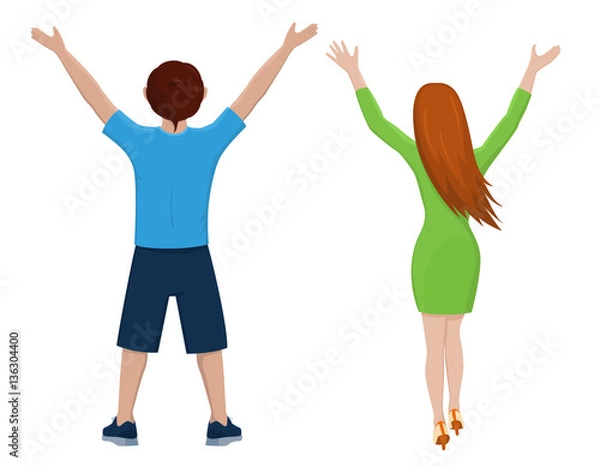 Obraz Boy and girl from the back. Rear view of young couple. Backside view of person. Isolated vector illustration of cartoon characters with raised hands on white background.