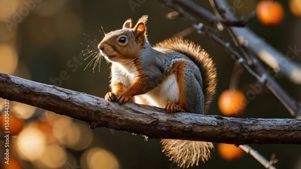 Fototapeta A squirrel perched on a branch, surrounded by a blurred background of orange berries.