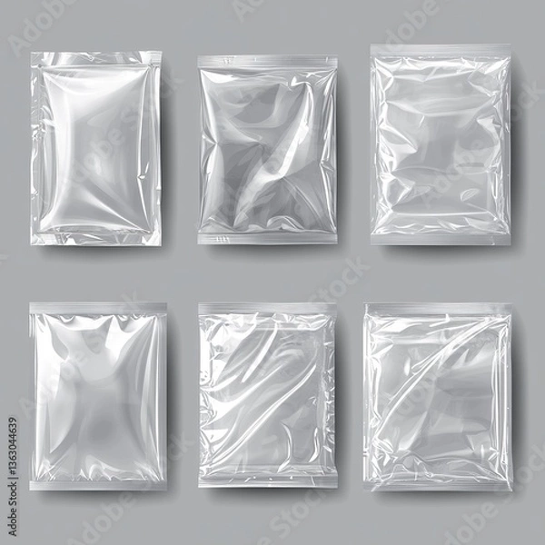 Fototapeta Vinyl cover with shrink effect - realistic transparent plastic package. Vector illustration set - overlay mockup of square seal wrap. Texture of cellophane or polythene wrapper with wrinkle.