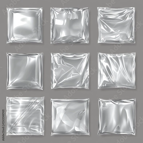 Fototapeta Vinyl cover with shrink effect - realistic transparent plastic package. Vector illustration set - overlay mockup of square seal wrap. Texture of cellophane or polythene wrapper with wrinkle.